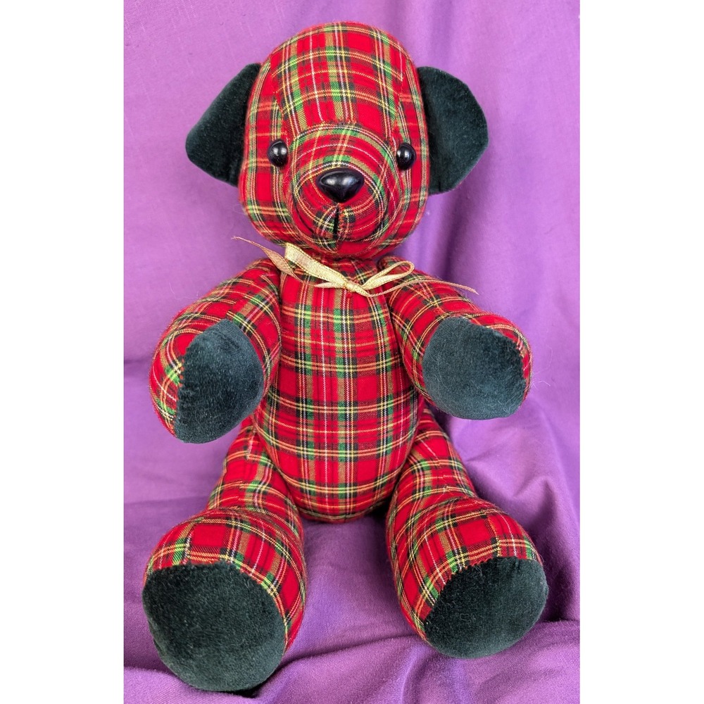VTG Handmade Fabric Country CottageCore Teddy Jointed Red Plaid velveteen Paws